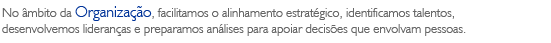 No âmbito da Organização, identificamos talentos e preparamos análises para apoiar decisões estratégicas que envolvam pessoas.